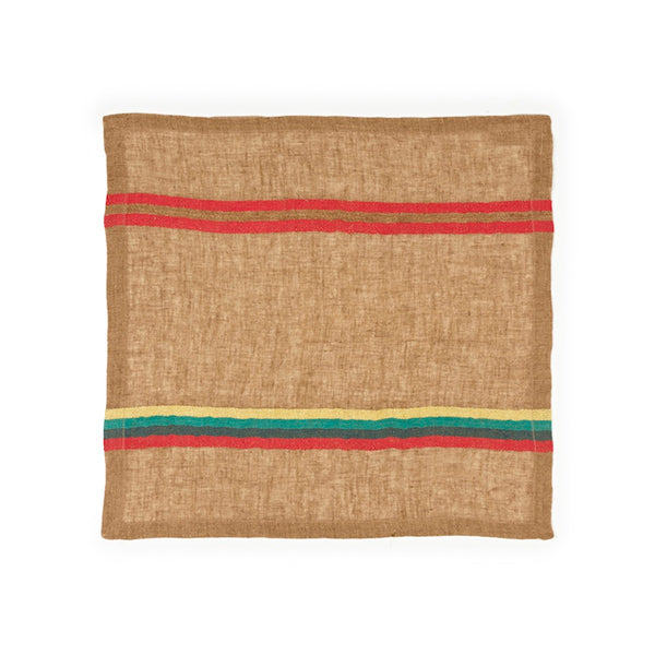 This open weave napkin is modish and soft to the touch. Ginger-colored ground with stripes in red, blue, green and mustard, Yukon is a stylish napkin that beautifies your table setting and culinary design splendidly. From rustic European country style to modern high design, the high art of the textile brings out sensations of joy and comfort.