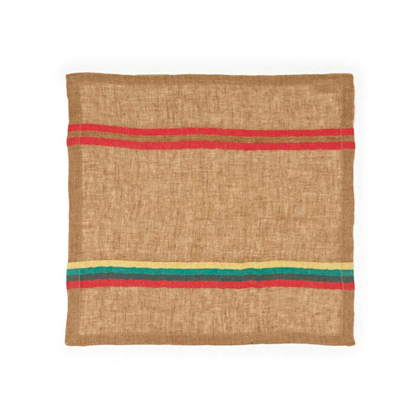 This open weave napkin is modish and soft to the touch. Ginger-colored ground with stripes in red, blue, green and mustard, Yukon is a stylish napkin that beautifies your table setting and culinary design splendidly. From rustic European country style to modern high design, the high art of the textile brings out sensations of joy and comfort.