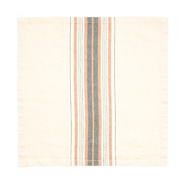 Libeco Belgian linen napkin with multiple stripes in the center in varied widths in red earth, soft black and grey colors