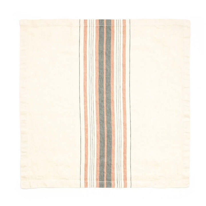 Libeco Belgian linen napkin with multiple stripes in the center in varied widths in red earth, soft black and grey colors