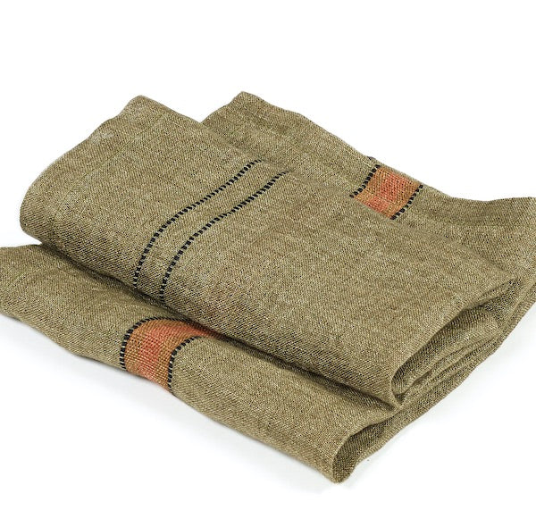 Libeco Belgian linen napkin Marie are folded showing two sides of the designs; One end of this open weave constructed olive green napkin is featuring black stitchings across in two lines juxtaposed by orange band on the other side.