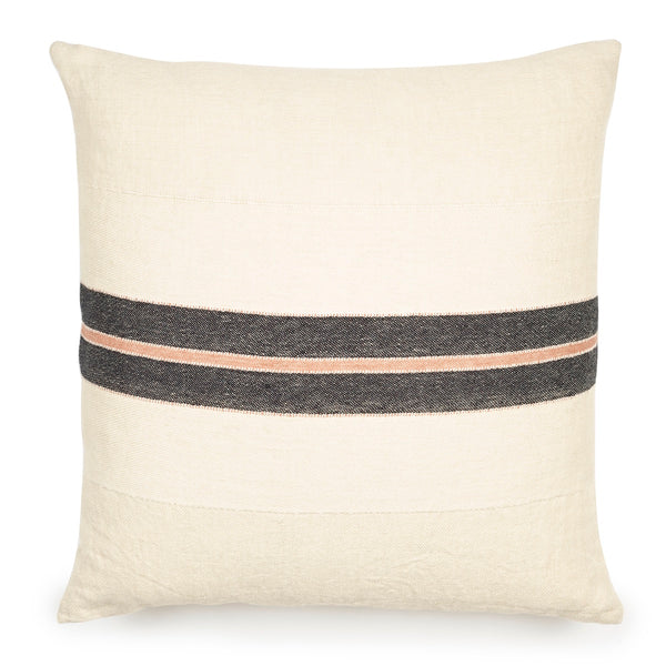 Patagonian Pillow cover is 25 inches square.  On natural Belgian linen background with black flax fiber and old rose stripes creating modern chic design