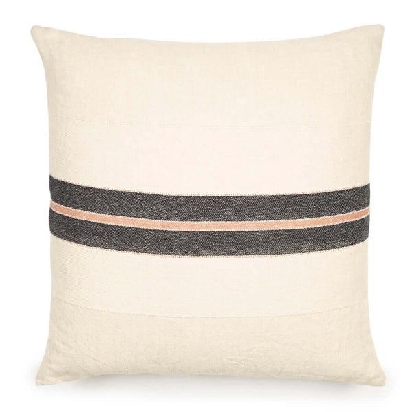 Patagonian Pillow cover is 25 inches square.  On natural Belgian linen background with black flax fiber and old rose stripes creating modern chic design