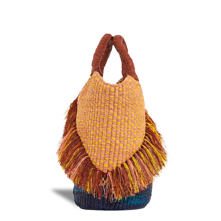AAKS Oroo Oak large tote bag with fringe detail across weaving of soft yellow, pink and dark ocean blue base and wine red leather wrapped handles