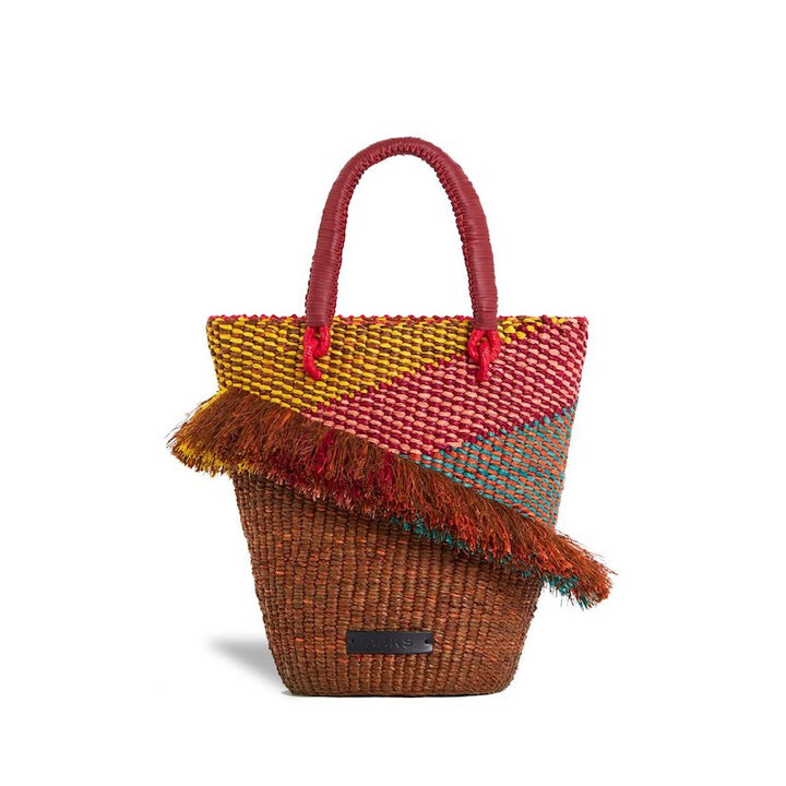 AAKS TIA BLUSH, handcrafted raffia tote bag with leather wrapped handles features  weavings of soft pink, maroon, yellow, tan, earth with turquoise