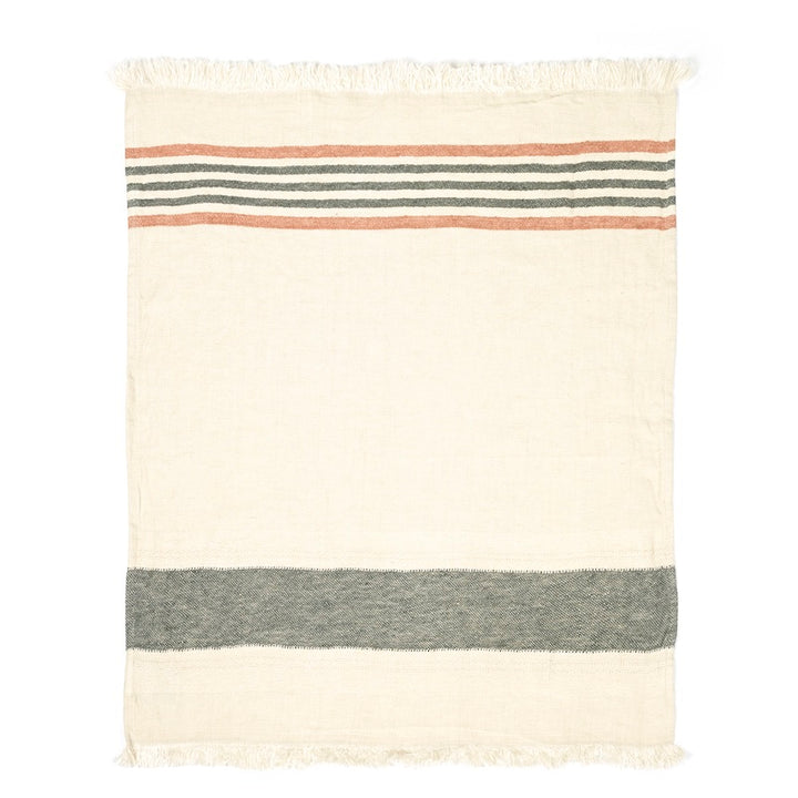 Libeco 100% Belgian linen throw opened. The throw can be worn or used as a blanket. It's heavy natural cream tone with 3 dark olive green and 2 red earth stripes on one side and broader band of olive green color on other side