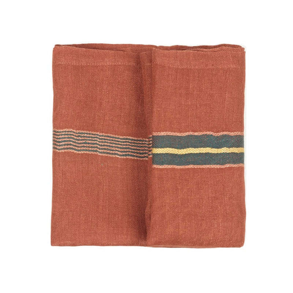 Libeco 100% Belgian linen signature open weave napkin is stylish and soft to the touch. Banff carries stripes in evergreen, mustard and old rose on a mahogany-colored ground. It is a decorative napkin that ornate your table setting and culinary design in uncomplicated way.  From rustic European country style to modern high design, the high art of the textile brings out sensations of conviviality and appreciation for simple beauty.