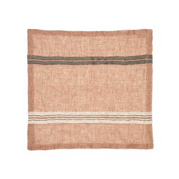 uniquely designed open weave 100% Libeco Belgian linen features old rose colors with ecru, sage and refined black stripes running across top differently than at the bottom