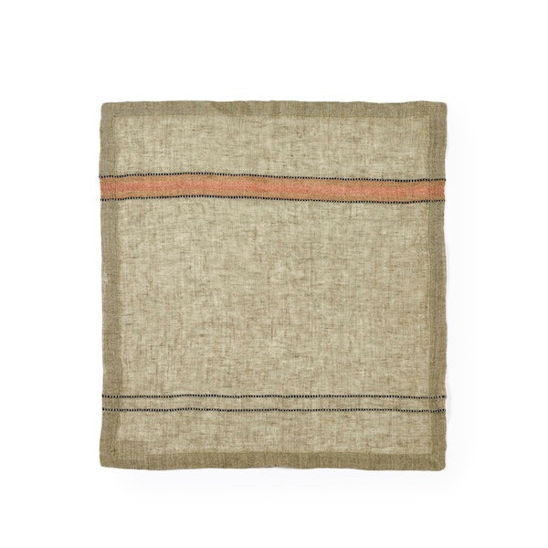 One end of this open weave constructed olive green napkin is featuring black stitchings across in two lines juxtaposed by orange band on the other side.