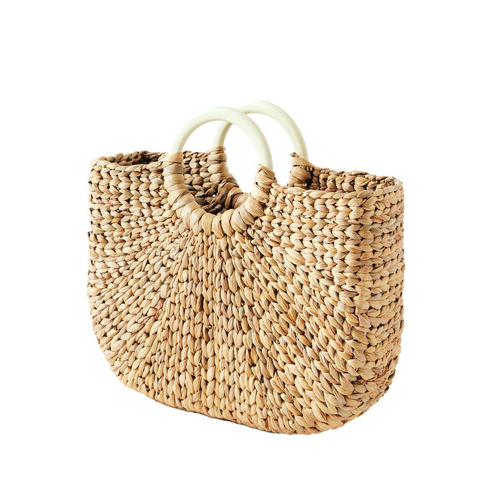 woven basket tote with white ebony handles