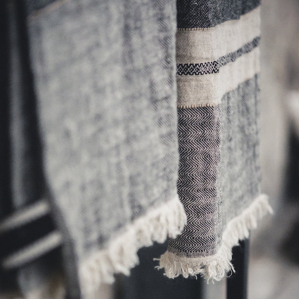 Close-Up of Libeco Guest Towel – Grey & Black Tack Stripes with Herringbone Linen