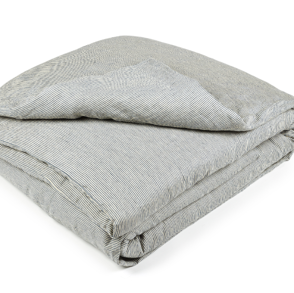 Libeco Belgian linen duvet cover with dark steel grey pin stripes on flax natural linen