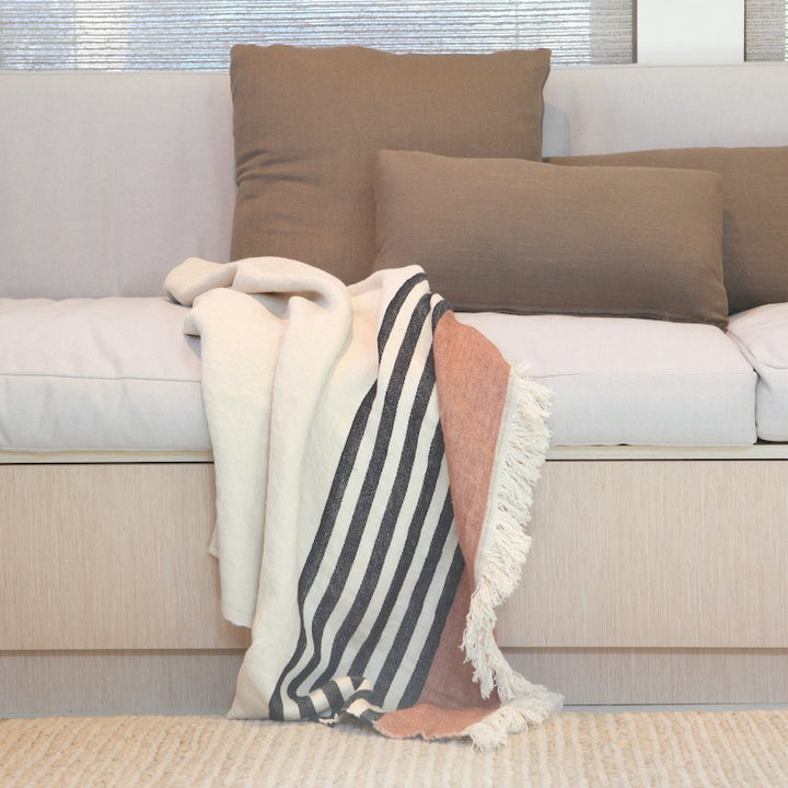 Lustrous Belgian linen throw blanket with cream, sedona red and black stripes
